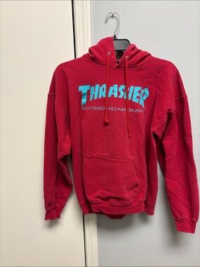 Thrasher Red Pullover Hoodie with Teal Logo